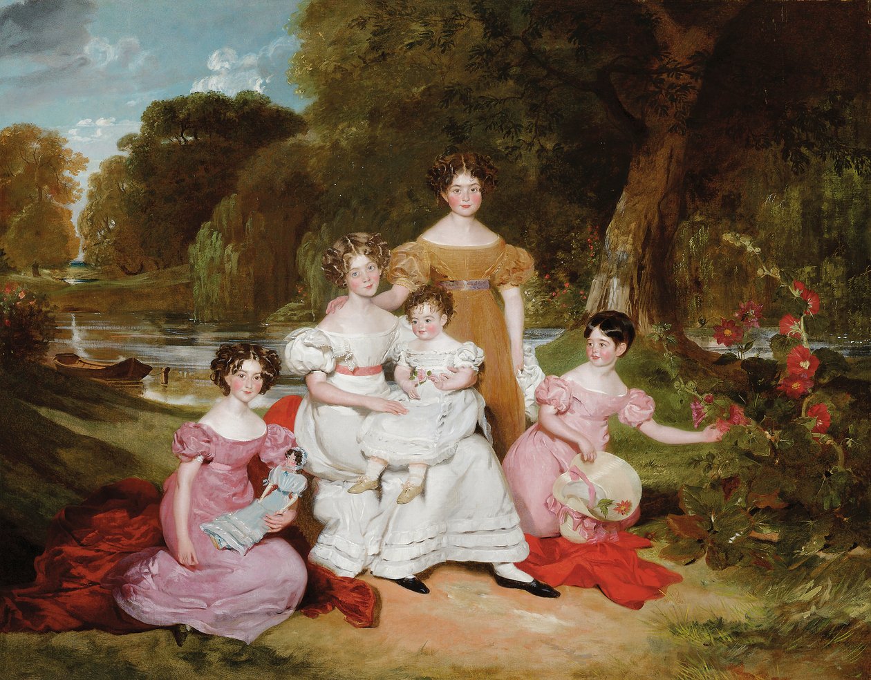 Portrait de groupe de la famille Ward Hunt dans un paysage devant une rivière - Henry Wyatt