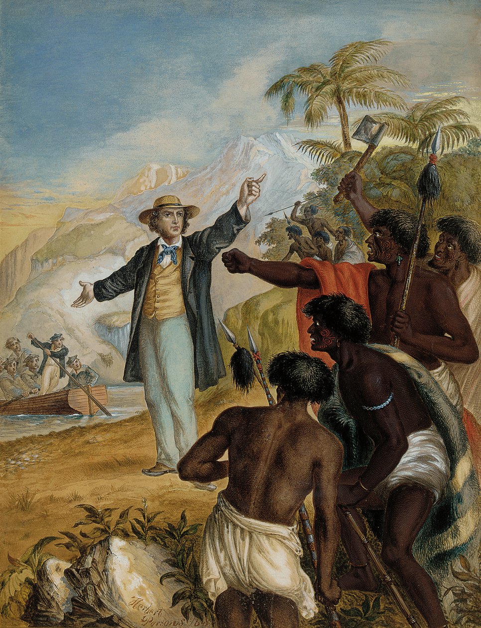 Un missionnaire écossais débarquant confronté par des Maoris en guerre, 1868 - Herbert Parsons