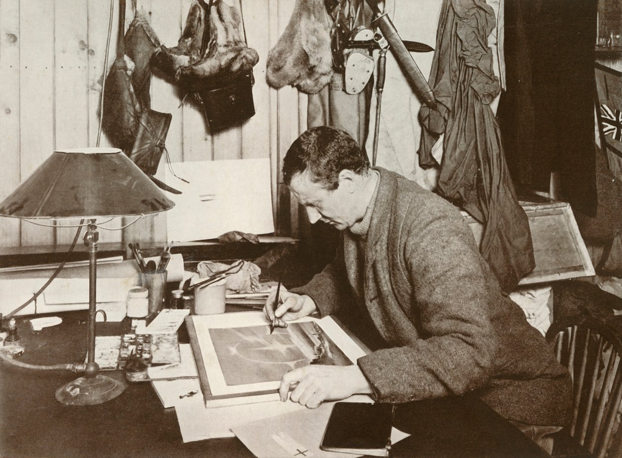 Dr. Wilson travaillant sur le croquis donné à la page 258, 1911, 1913 - Herbert Ponting
