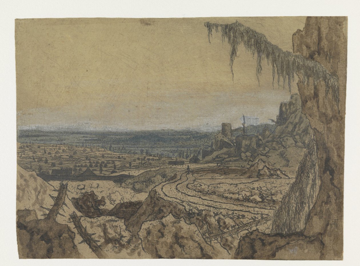 Vue lointaine avec une route et des branches moussues - Hercules Segers