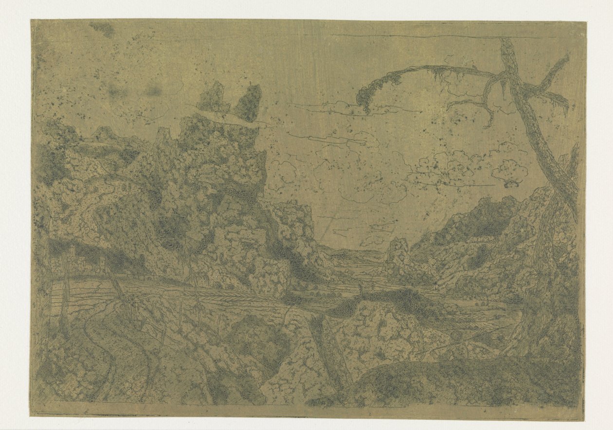 Vallée de montagne, à droite un homme portant un bâton - Hercules Segers