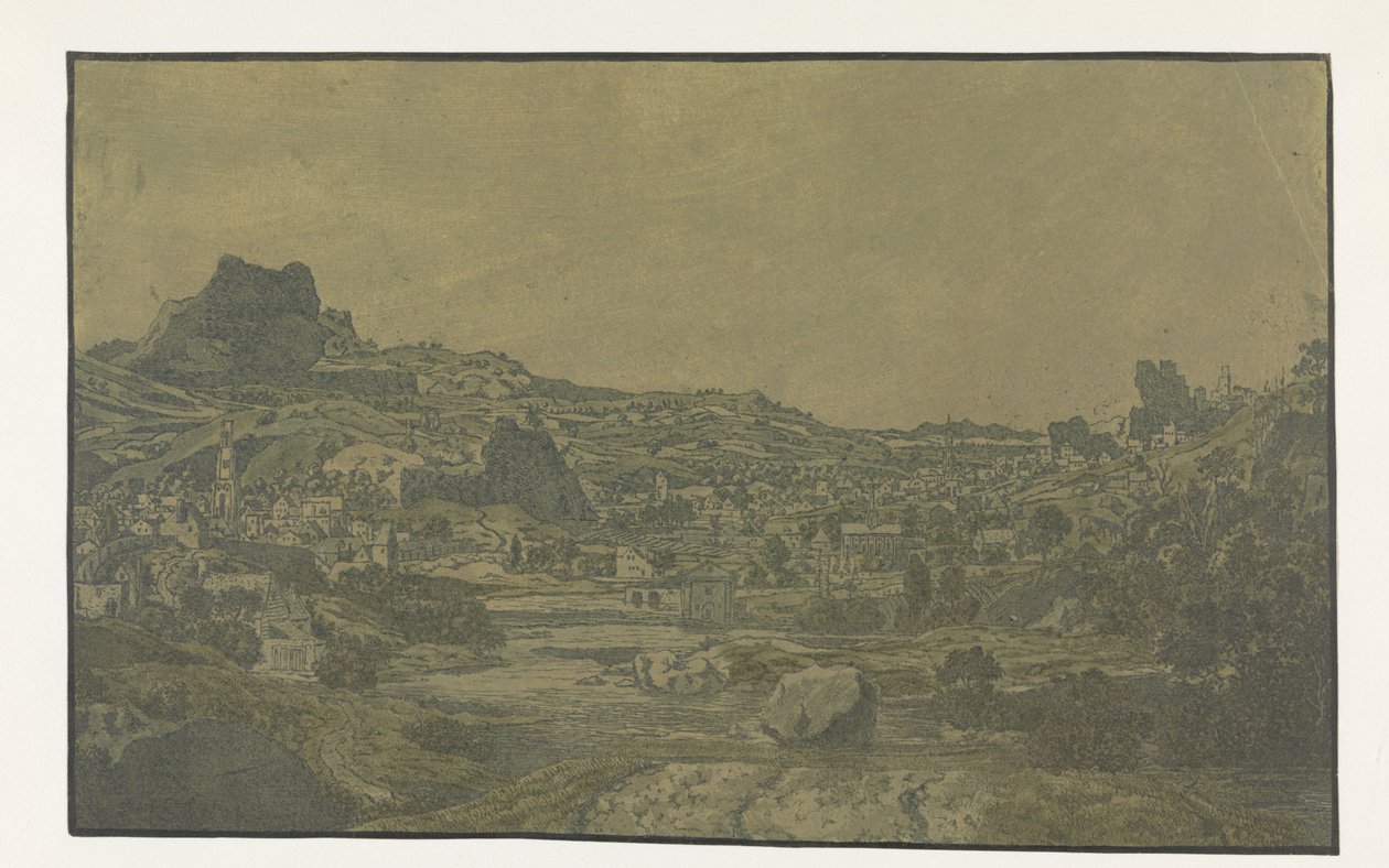 Vallée avec une rivière et une ville avec quatre tours - Hercules Segers