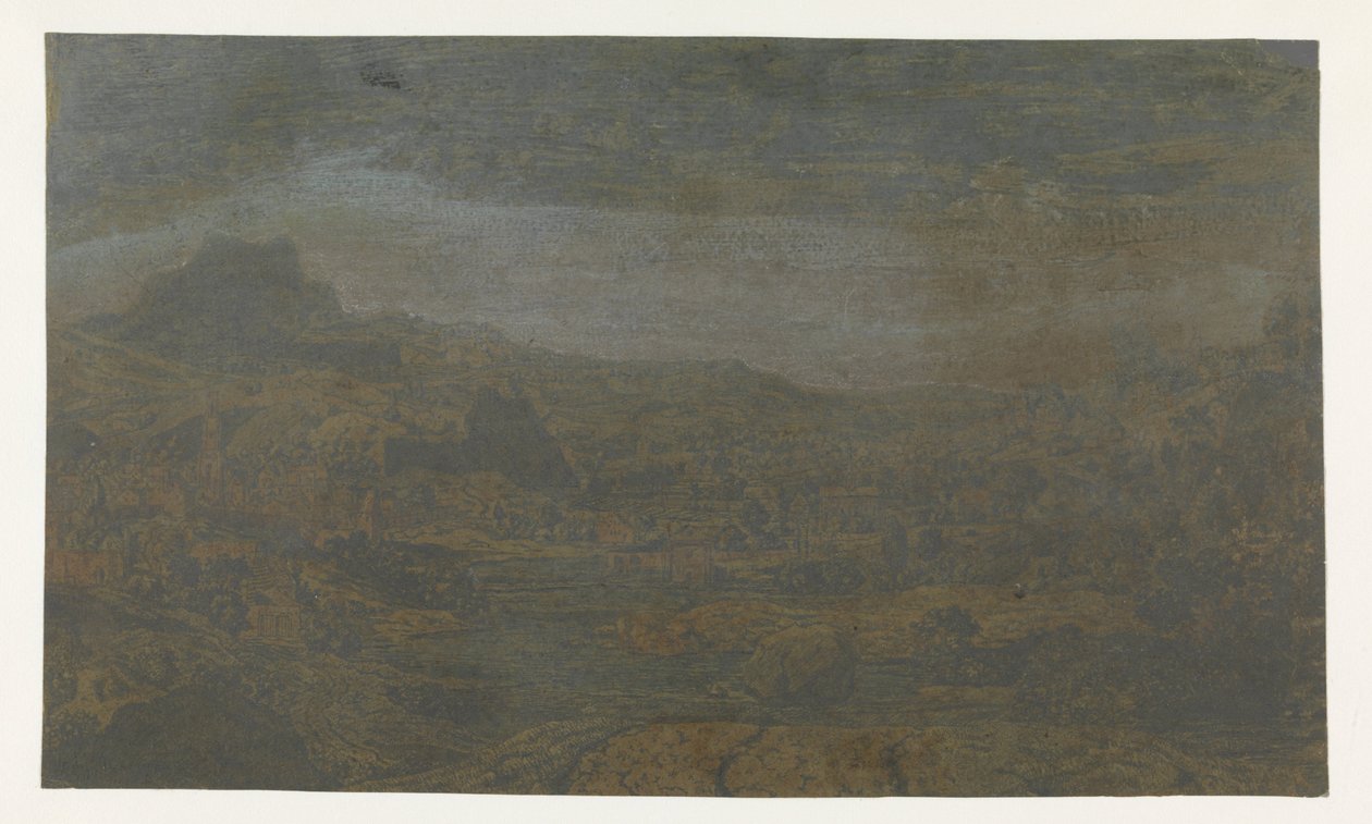 Vallée avec une rivière et une ville avec quatre tours - Hercules Segers