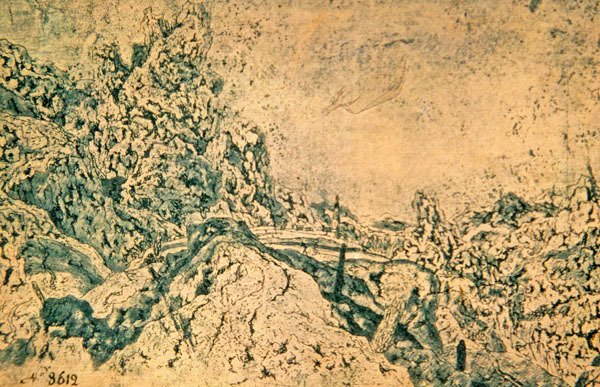 Paysage rocheux avec une tour au loin (encre sur papier) - Hercules Seghers