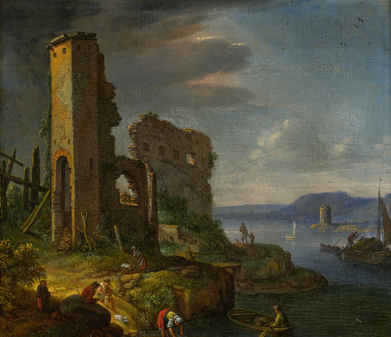 Paysage fluvial avec ruines, bateaux et figures - Herman Saftleven
