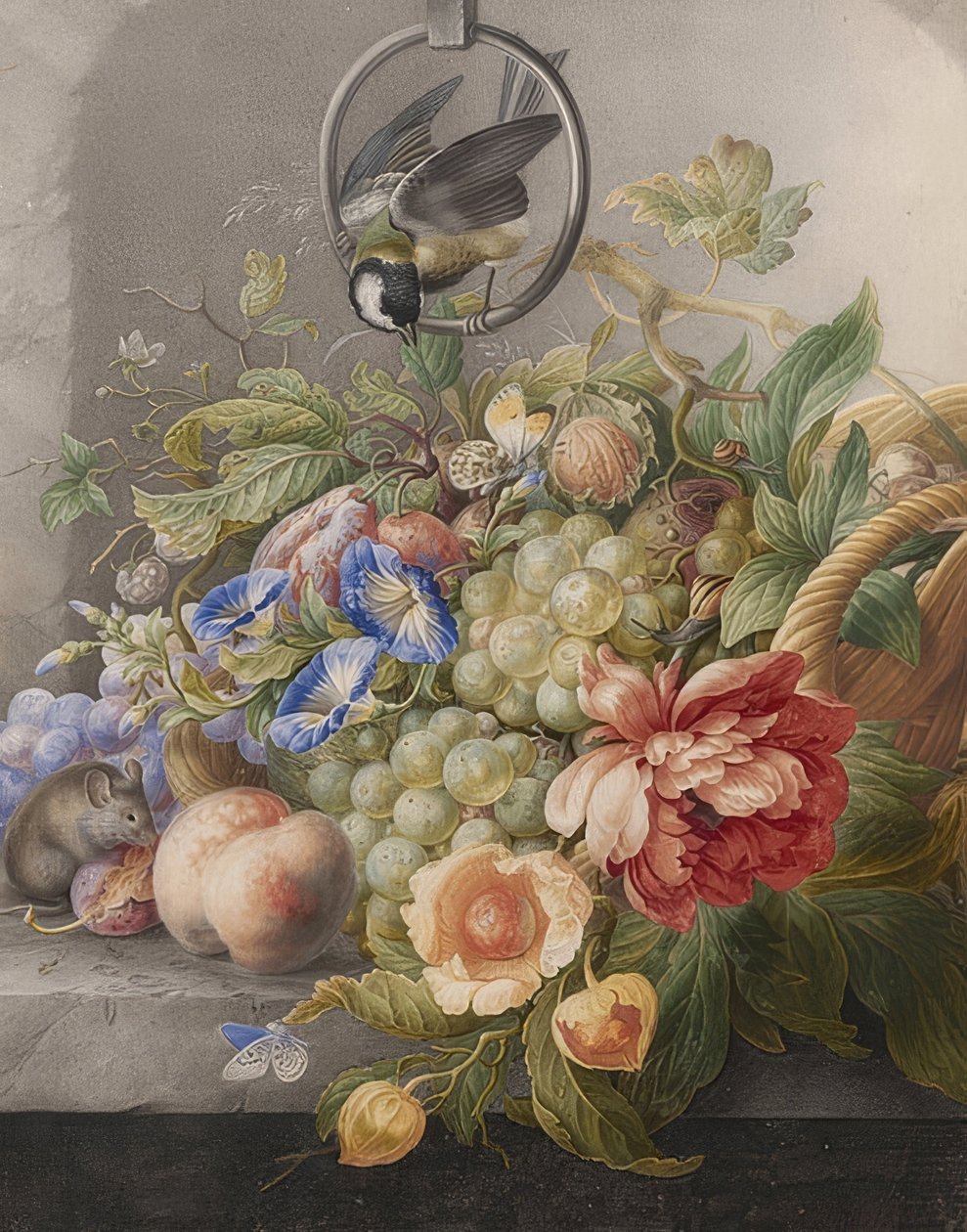 Nature morte de fleurs, fruits, une mésange et une souris - Herman Henstenburgh