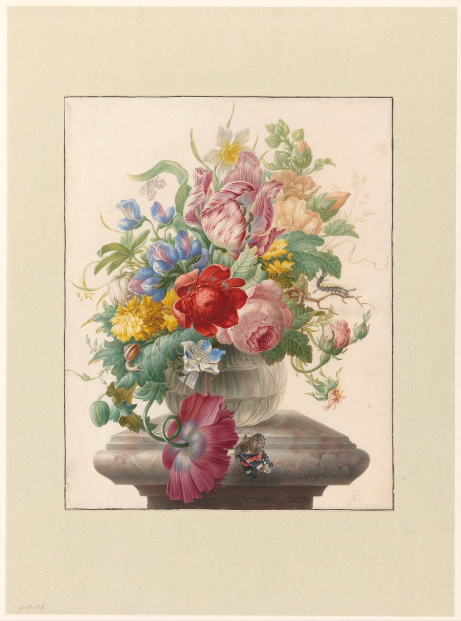 Fleurs dans un vase en verre avec un papillon | Estampe d'art