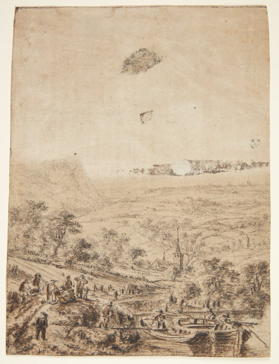 Paysage panoramique avec paysans, pêcheurs et une église de village - Herman Saftleven