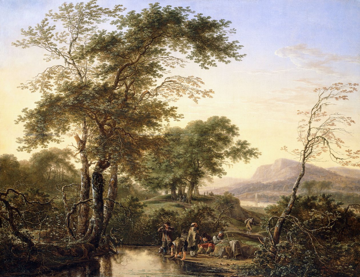 Un vaste paysage fluvial italianisant avec des voyageurs près d
