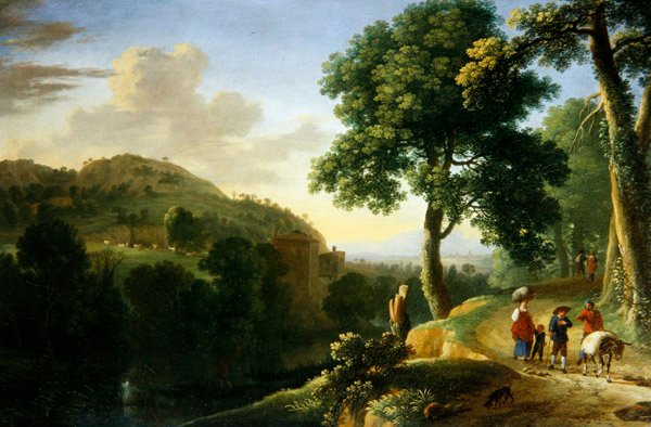 Paysage italianisant avec voyageurs et un âne - Herman van Swanevelt