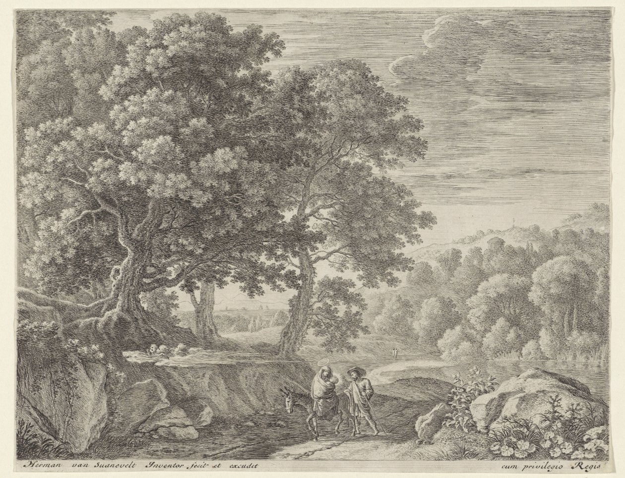 Sainte famille avec âne et chérubins - Herman van Swanevelt