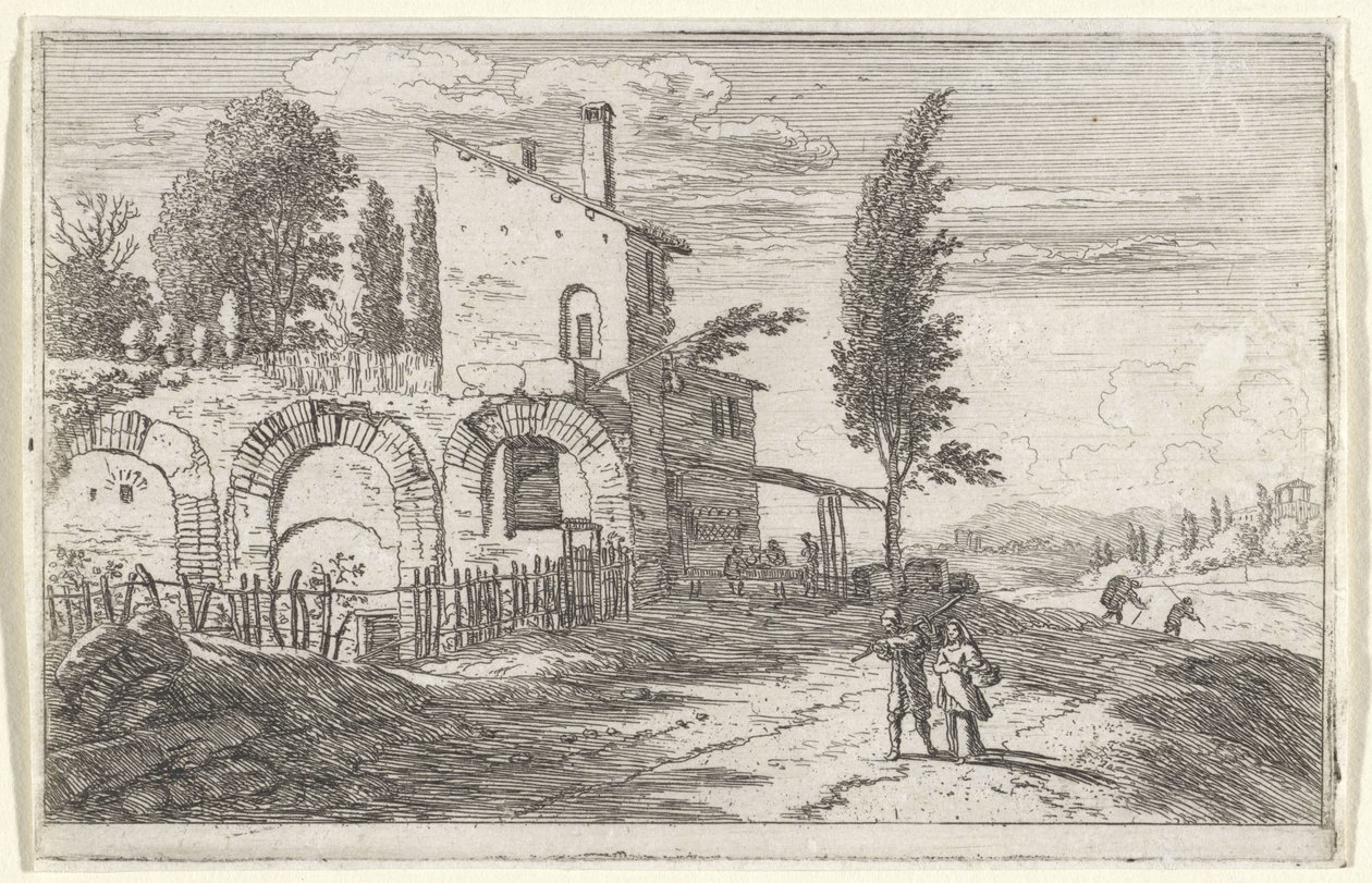 Auberge dans les ruines du palais impérial (Page de titre et douze vues de Rome) - Herman van Swanevelt