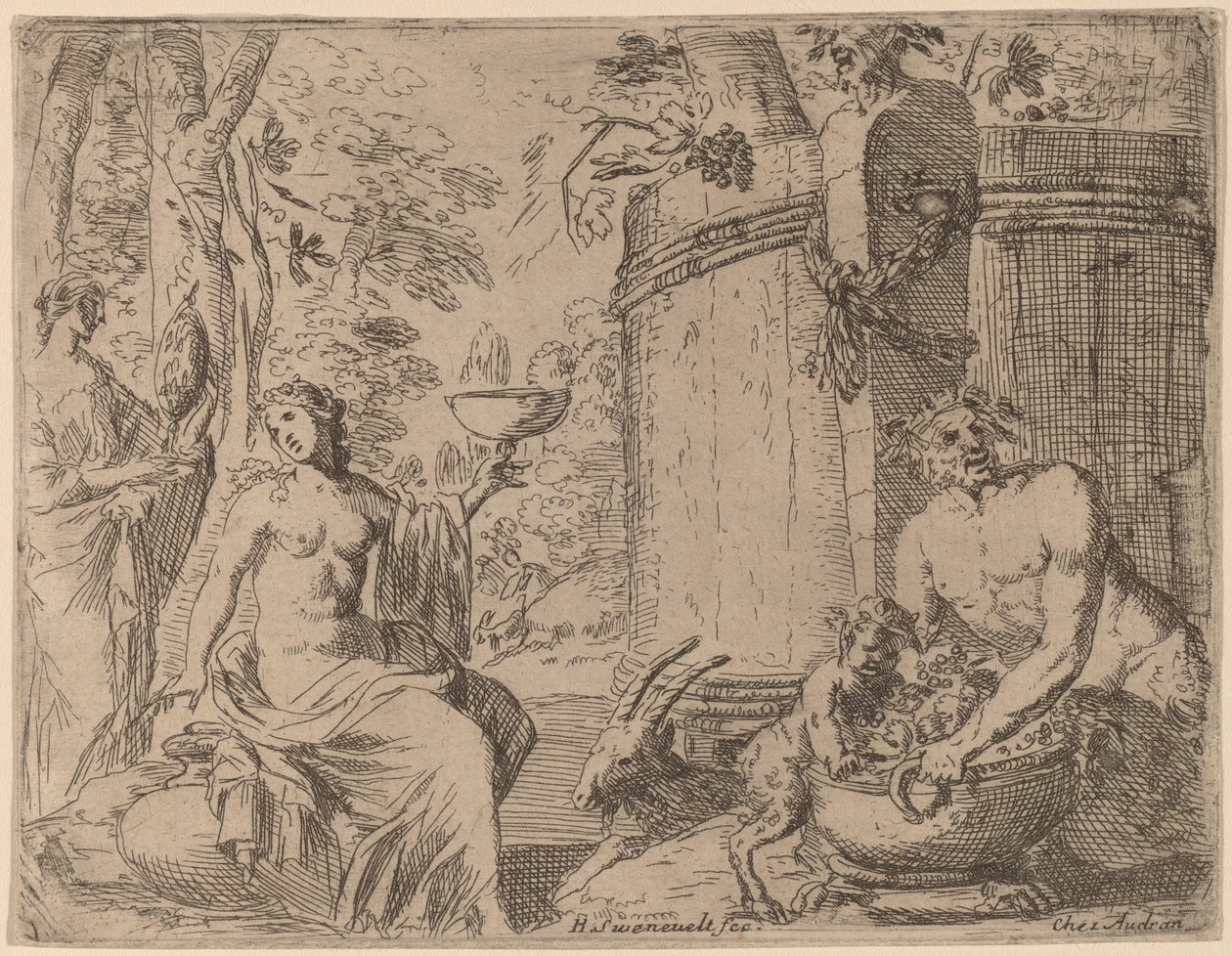 Deux nymphes et un satyre devant une grande cuve - Herman van Swanevelt