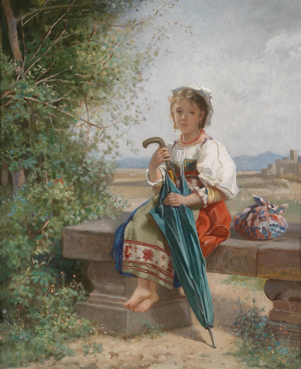 Jeune fille romaine se reposant dans un paysage de campagne - Hermann von Bohn