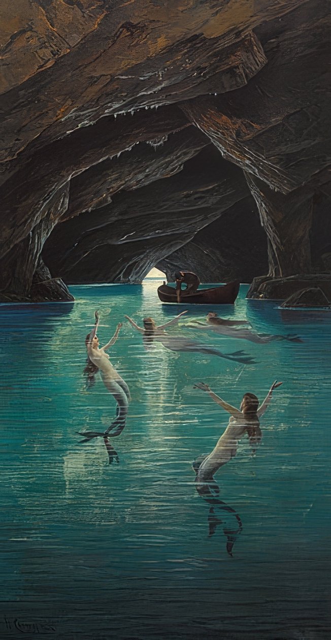 Un pêcheur et des sirènes dans la grotte bleue à Capri - Hermann David Salomon Corrodi