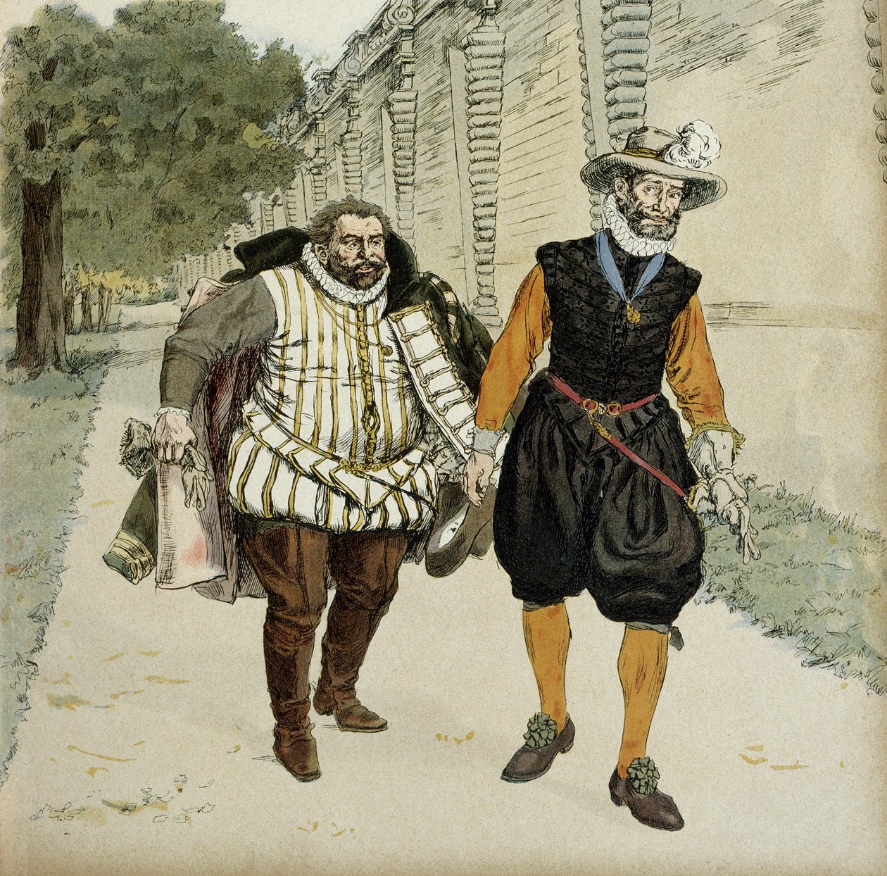 Henri IV (1553-1610) et Charles de Lorraine, duc de Mayenne (1554-1611). Première entrevue de réconciliation entre les deux ennemis, Mayenne, chef des ligueurs et le roi, dans les jardins du château de Montceaux, en Brie, en 1596 - Hermann Vogel