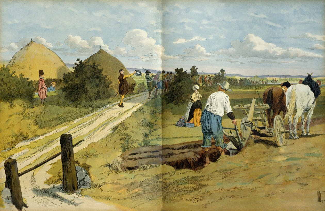 Paysans voyant le passage de maraudeurs et de pillards capturés par l