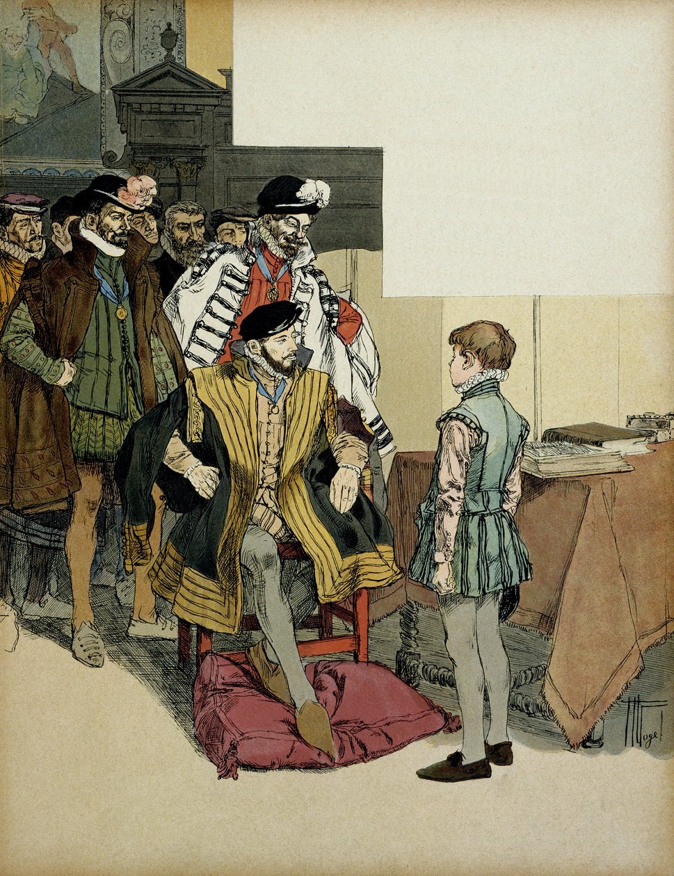 Le roi de France Henri II (1519-1559) entouré de ses gentilshommes interroge Henri IV (1553-1610) enfant pour ses réparties. Illustration de Hermann Vogel (1856-1918) dans « Henri IV » - Hermann Vogel