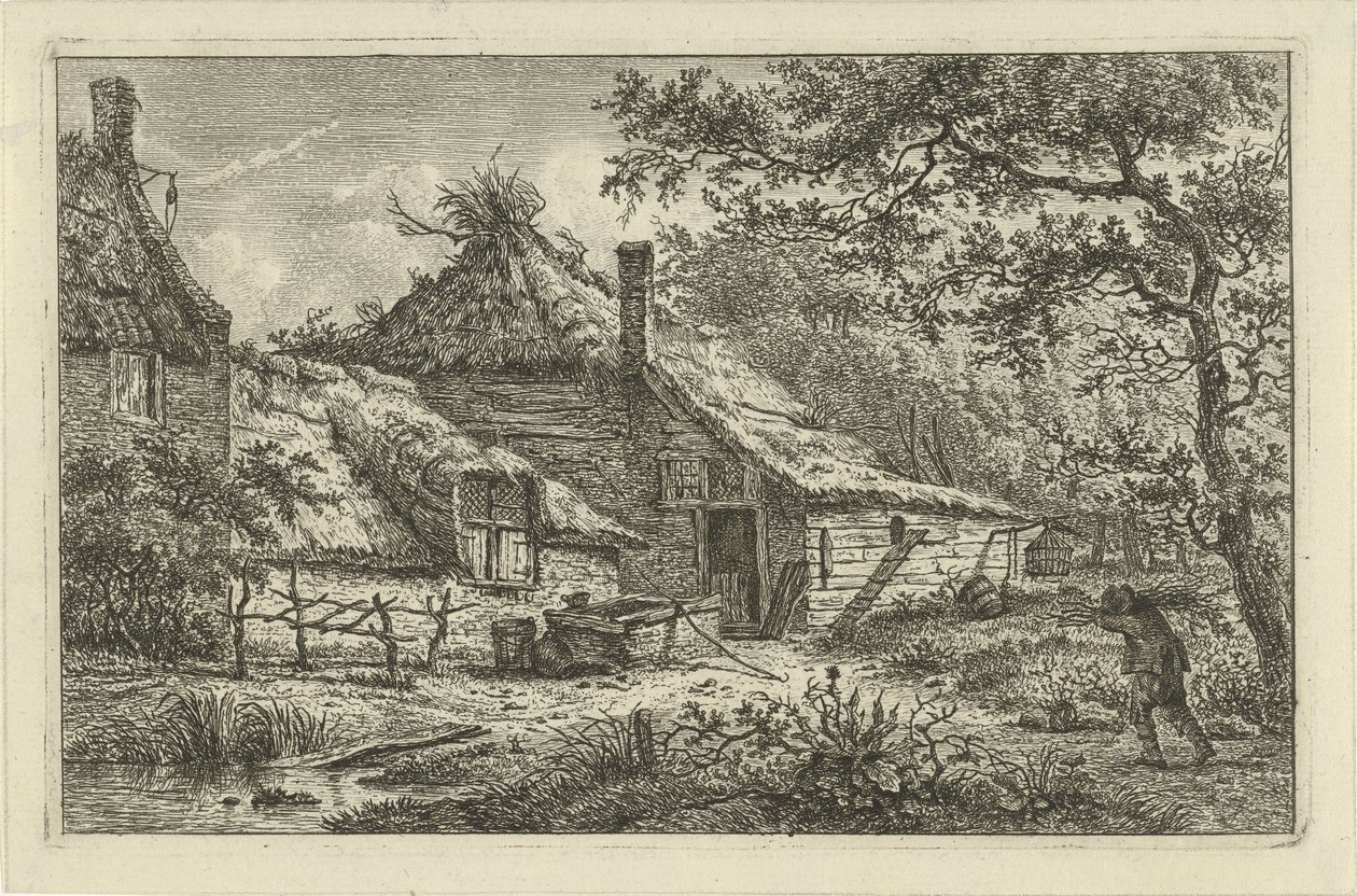 Cour de ferme avec homme portant du bois - Hermanus Fock