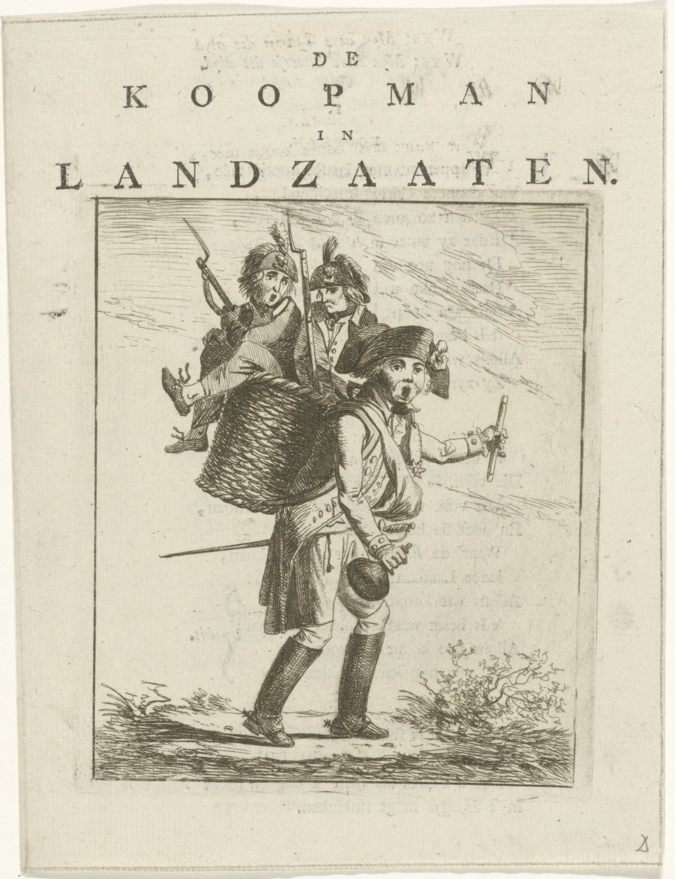 Feuille de chanson et caricature avec des soldats, Caricature de Willem V, Le marchand de Landzaaten - Hermanus Fock