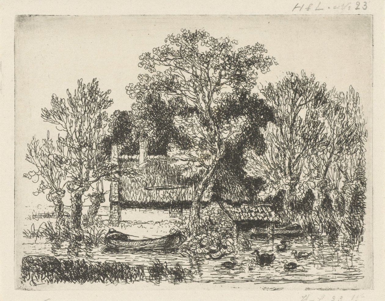 Paysage fluvial avec une barque et des canards - Hermanus Jan Hendrik van Rijkelijkhuysen