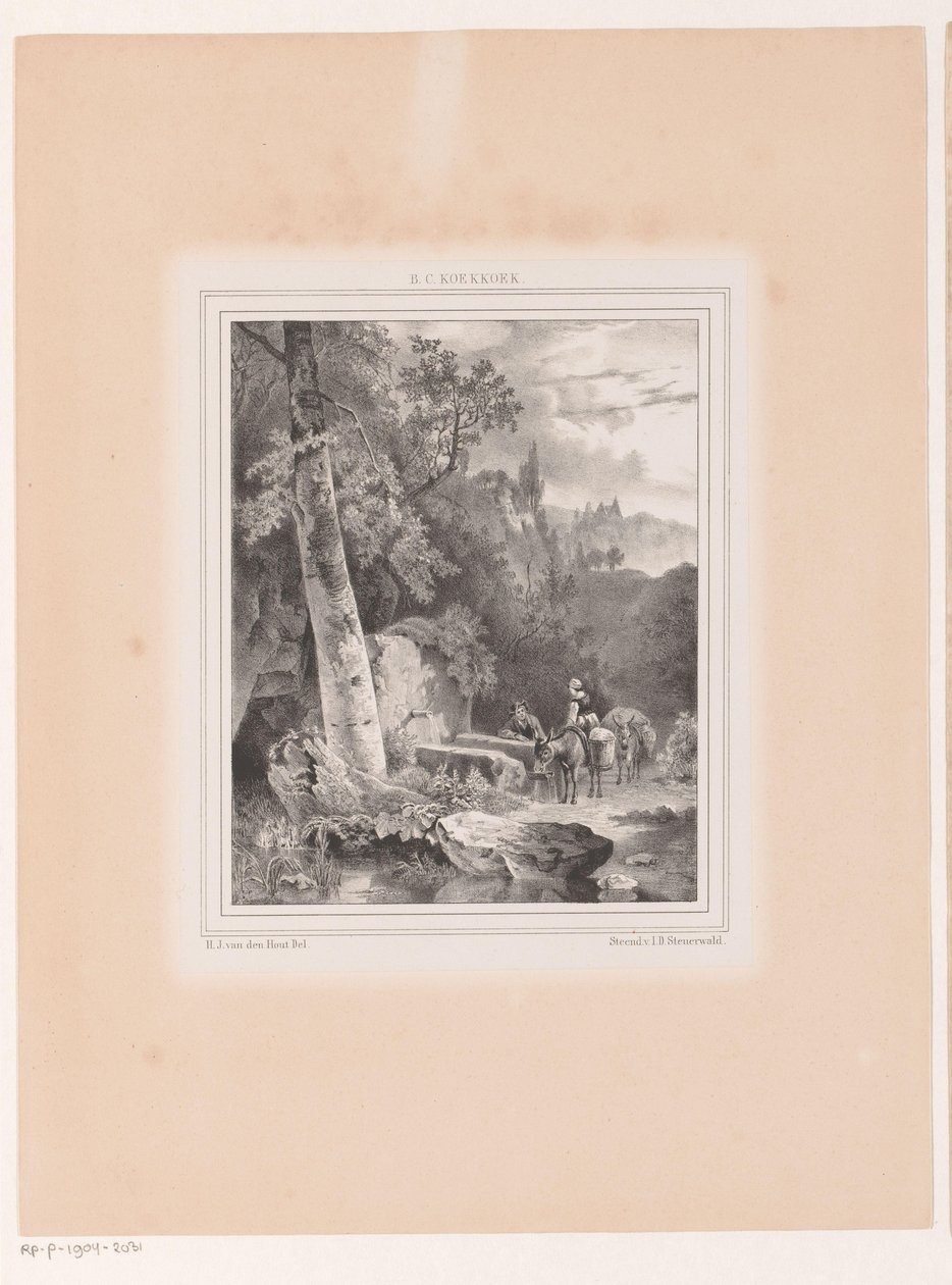 Paysage avec homme, femme et deux ânes près d