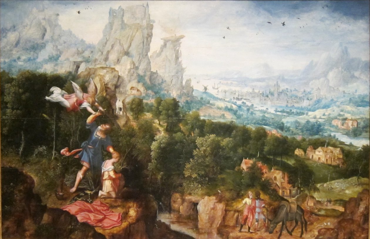 Lorsque Abraham lève la main pour tuer Isaac, un ange retient sa main (Genèse 22:10). - Herri met de Bles