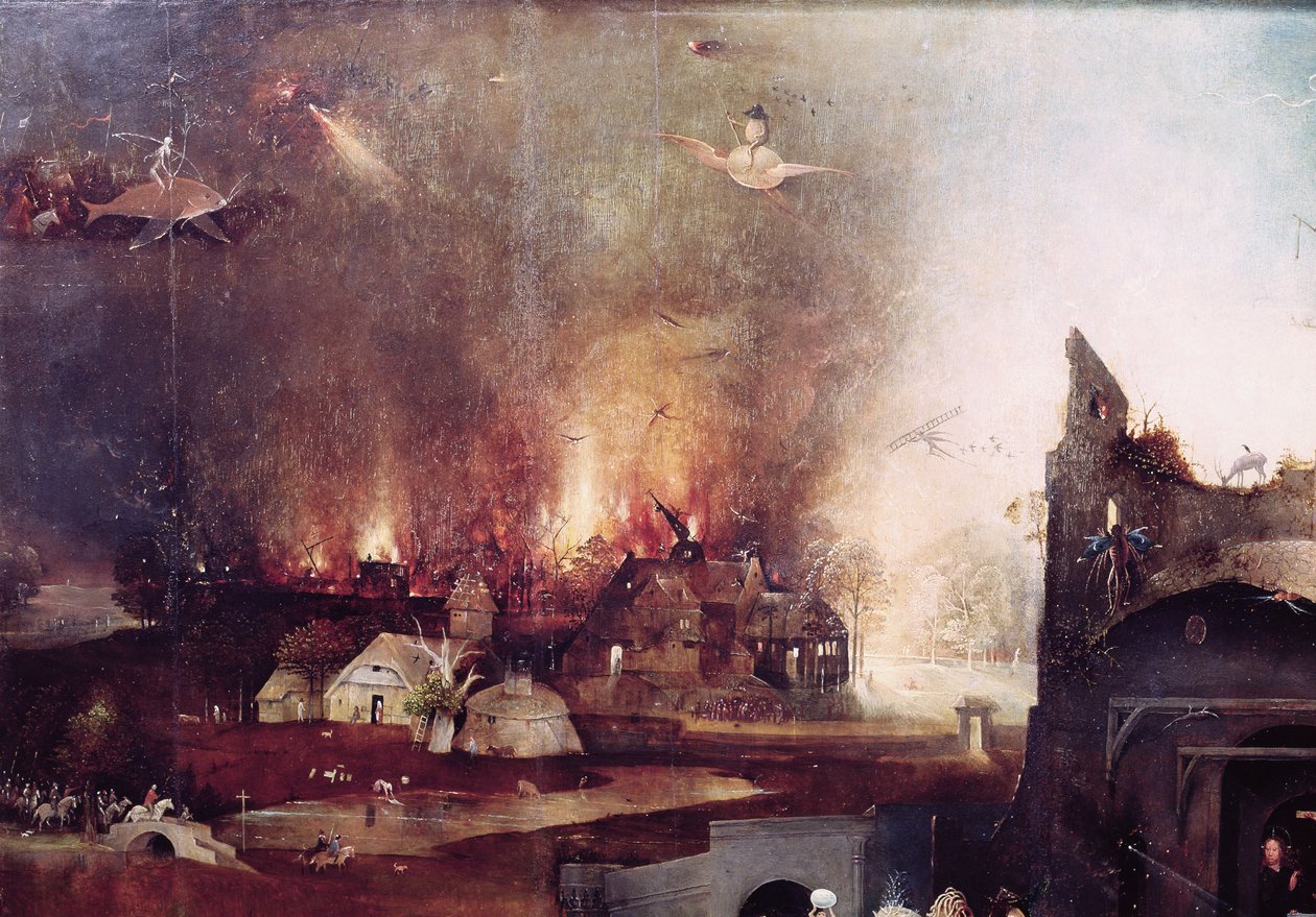(détail) du village en feu, du panneau central de la Tentation de Saint Antoine - Hieronymus Bosch