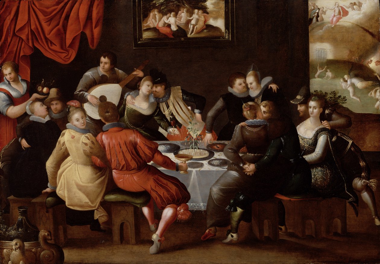 Figures élégantes festoyant et se divertissant à une table avec le Jugement dernier en arrière-plan - Hieronymus II Francken