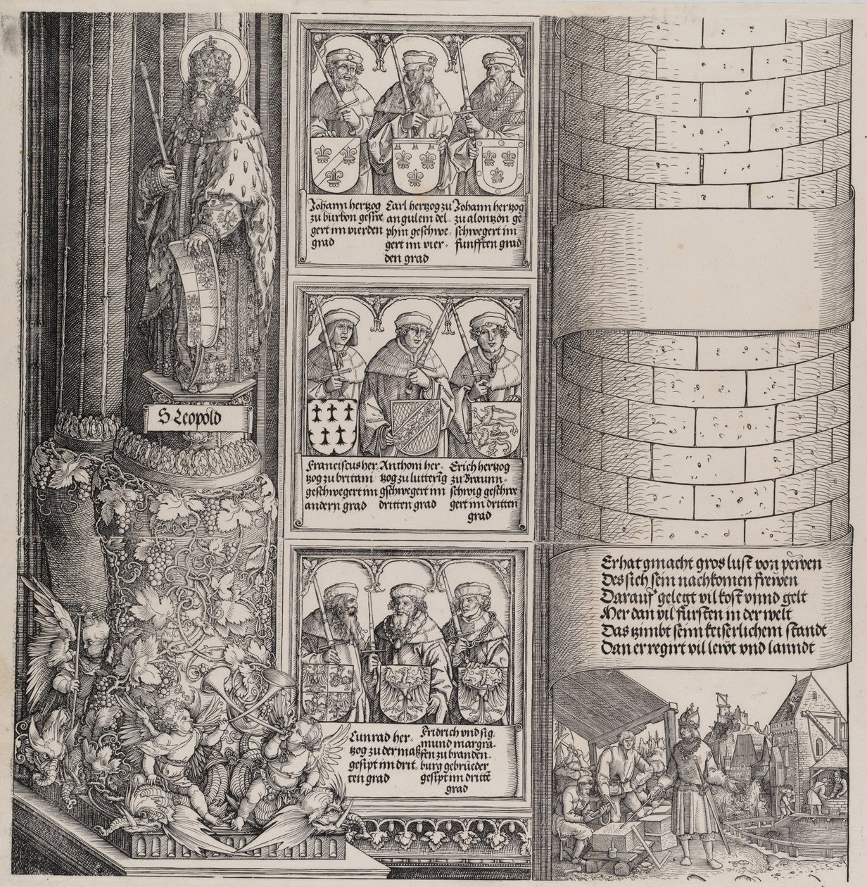 Maximilien en architecte, avec une statue de Saint Léopold, et des bustes des ancêtres de Maximilien, 1517-1518 - Hieronymus Andreae