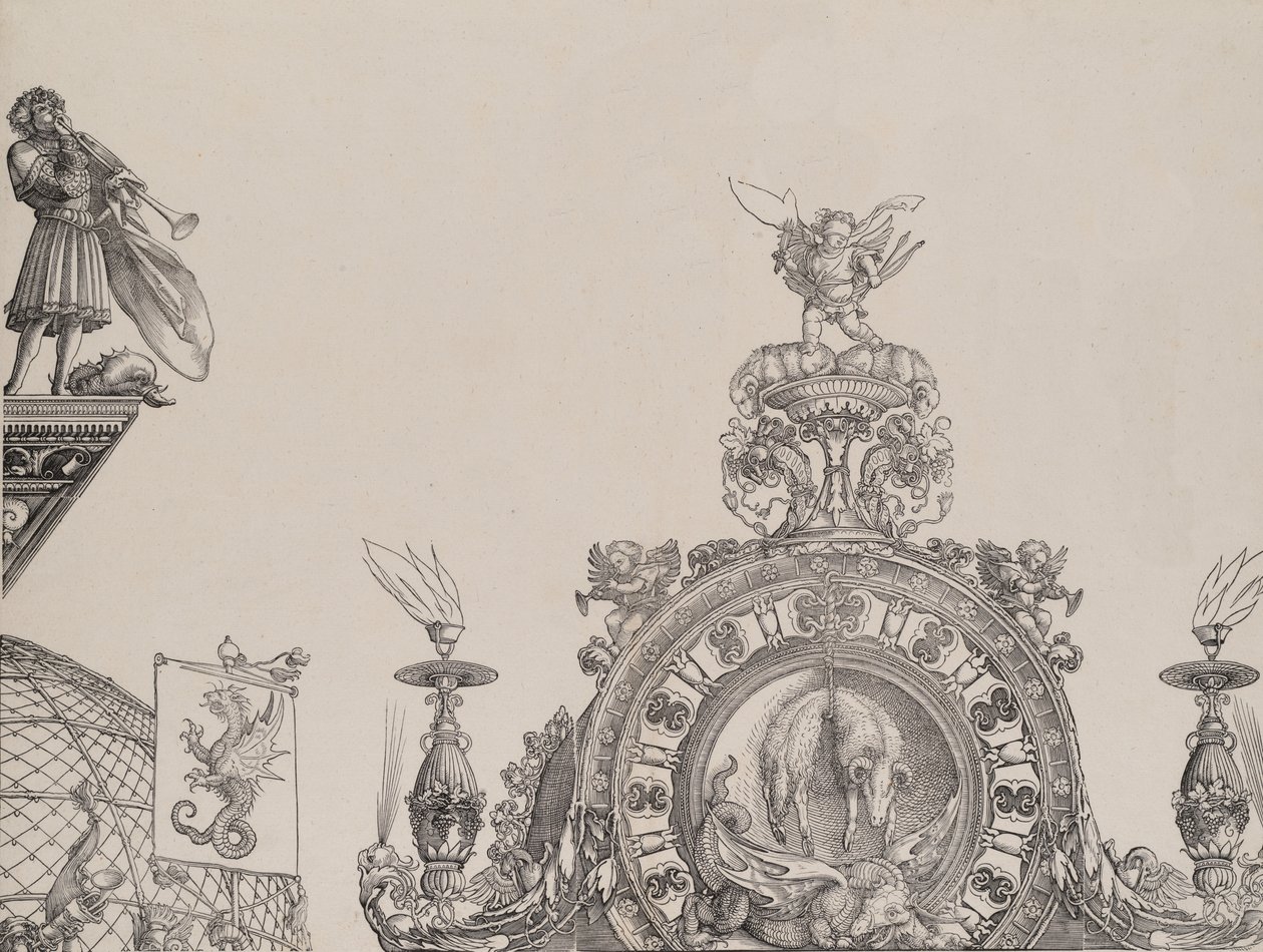 Le Pinacle du portail droit, et un trompettiste et un étendard du portail central, fr..., 1515 - Hieronymus Andreae