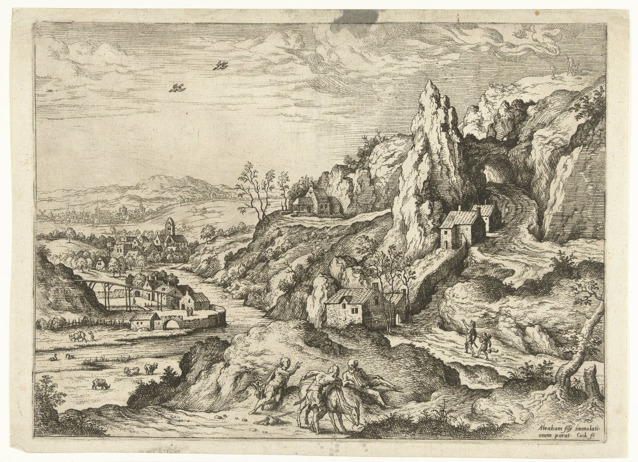 Abraham et Isaac en route vers le lieu du sacrifice (Landschappen met bijbelse en mythologische scènes) - Hieronymus Cock