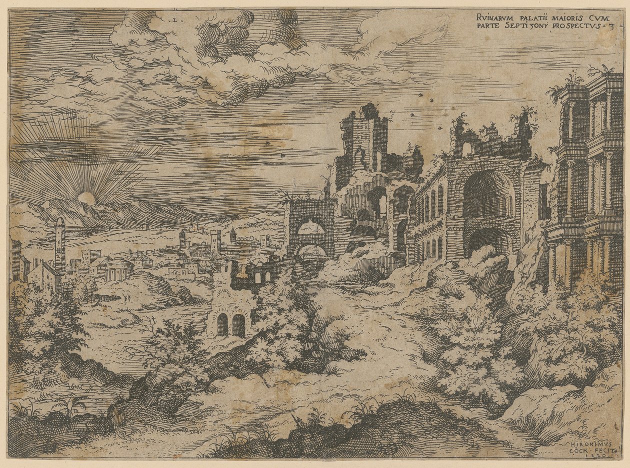 Ruines du Palatin avec panorama, feuille n° 3 de la série « Praecipua aliquot Romanae Antiquitatis Ruinarum Monimenta [...] » - Hieronymus Cock