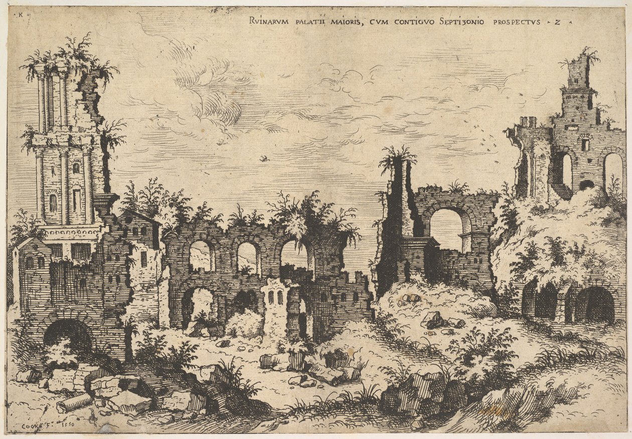Vue des ruines sur la colline du Palatin avec façade à architrave à gauche et arcades au centre - Hieronymus Cock