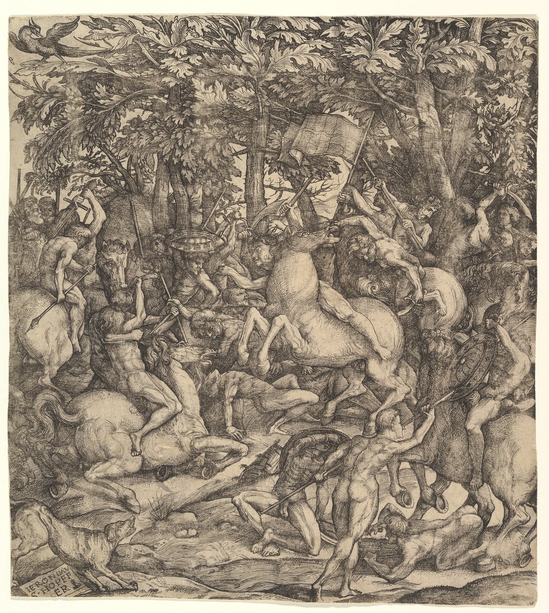 Bataille entre cavalerie et infanterie dans un bois, XVIe siècle - Hieronymus Hopfer