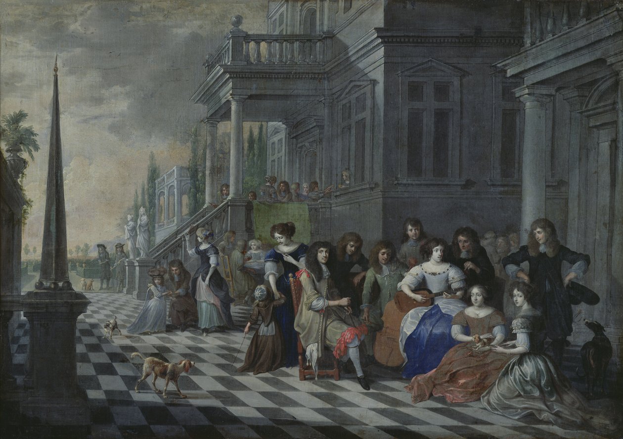 Personnages faisant de la musique devant un palais, 1672 - Hieronymus Janssens