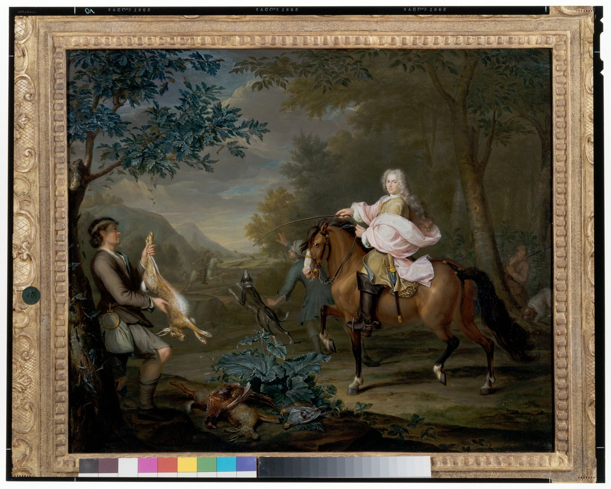Un gentilhomme à cheval avec des chasseurs dans un paysage étendu - Hieronymus van der Mij