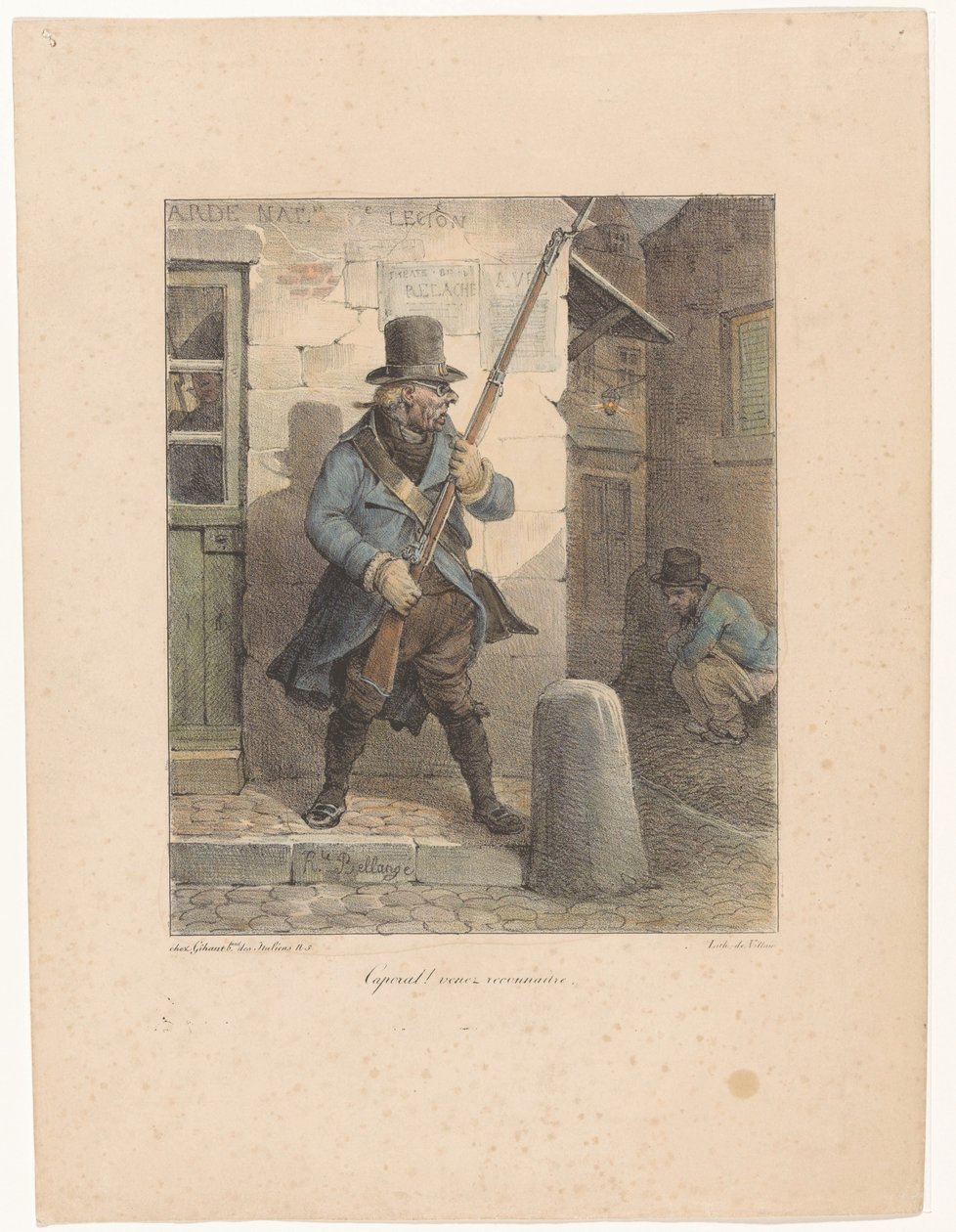 Militaire appelant un caporal, qui fait ses besoins dans la rue (Croquis lithographiques) - Hippolyte Bellange