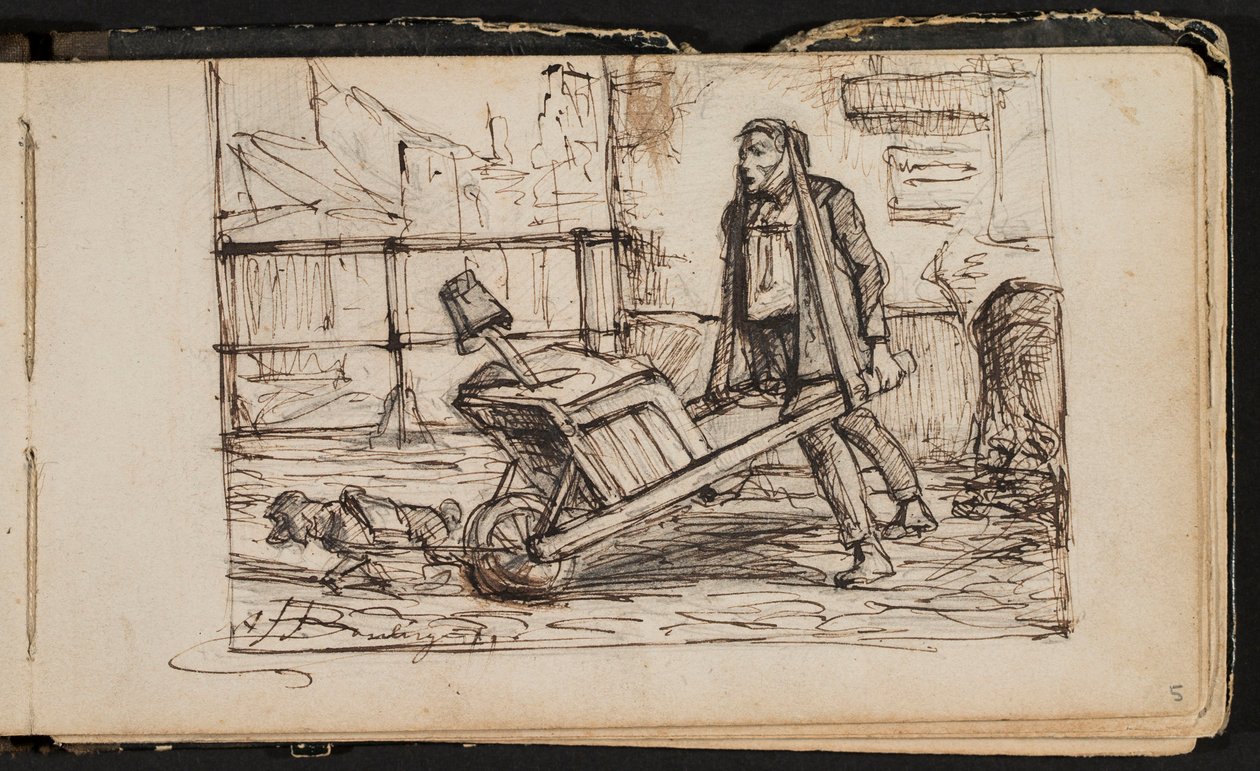 Homme avec une brouette et un petit chien (page d