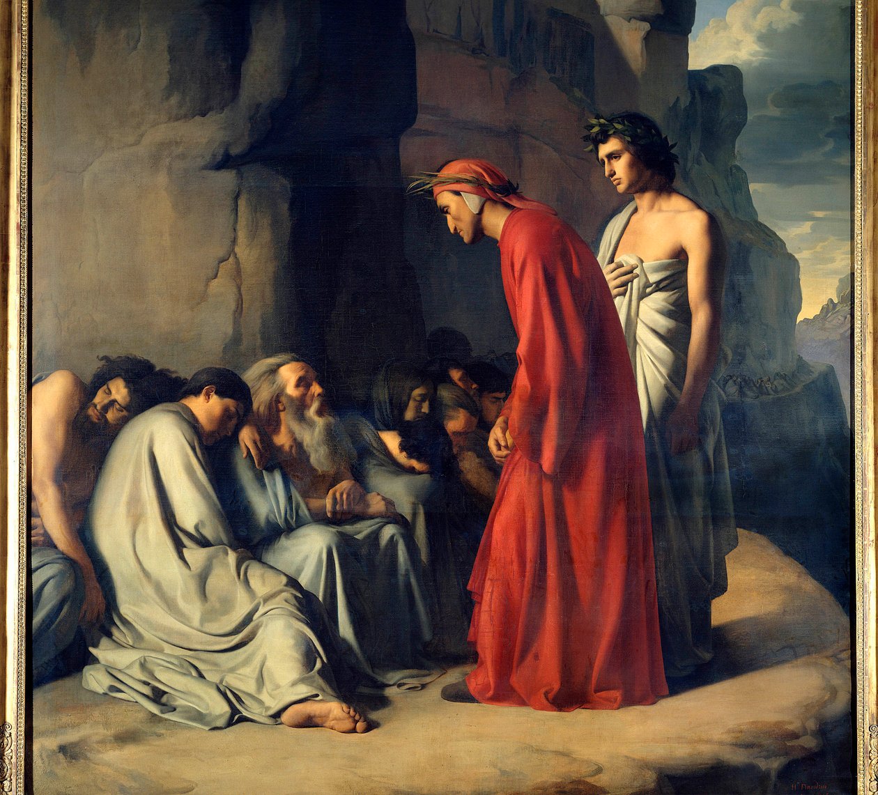 Dante et Virgile en enfer ou Dante conduit par Virgile offre des consolations aux âmes des envieux. Illustration de l