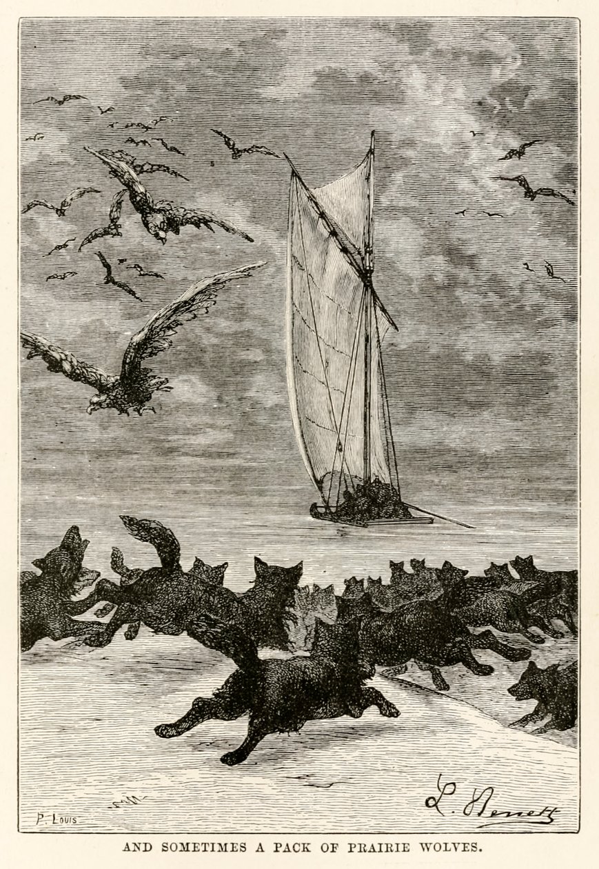 Et parfois une meute de loups des prairies, de Le Tour du Monde en Quatre-vingts Jours par Jules Verne (1828-1905) gravé par Louis, 1873 - Hippolyte Leon after Benett