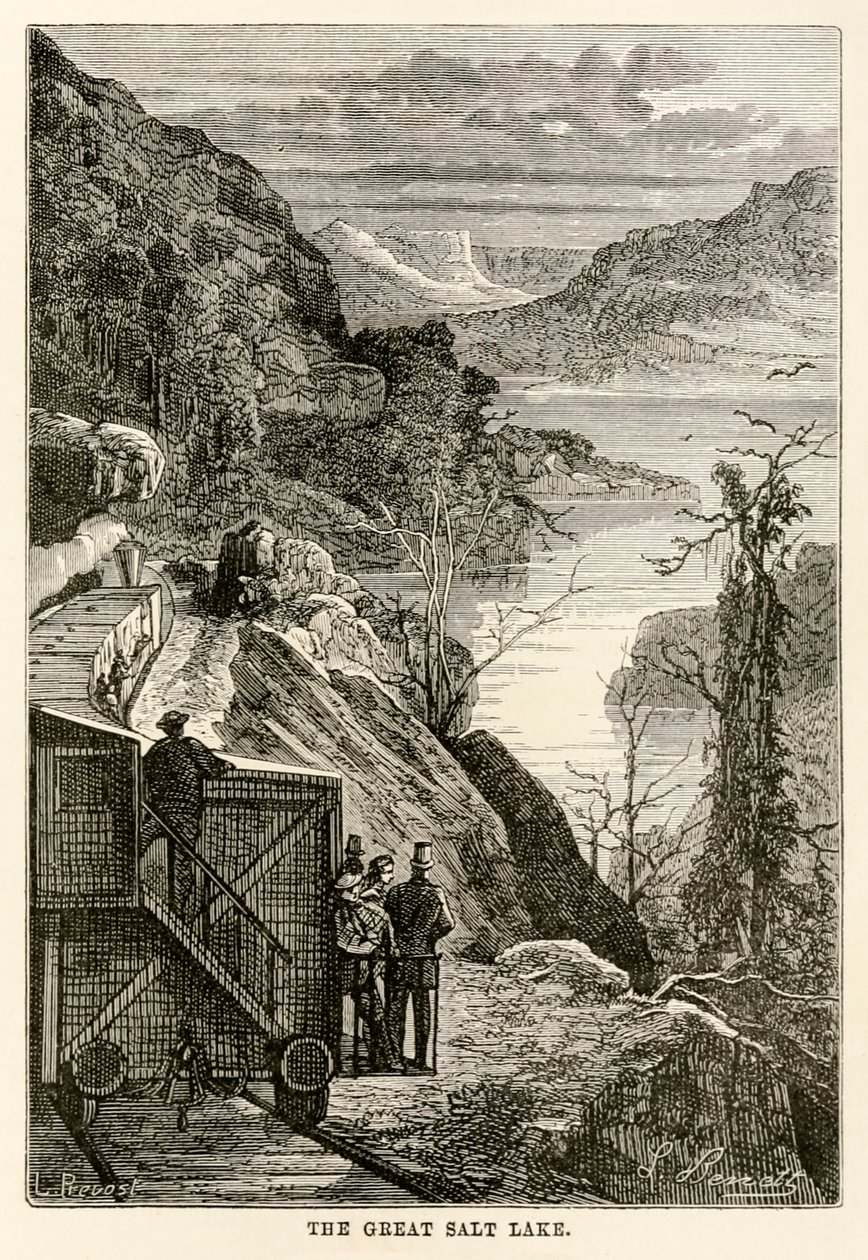 Le Grand Lac Salé, de Le Tour du Monde en Quatre-vingts Jours par Jules Verne (1828-1905) gravé par Prévost, 1873 - Hippolyte Leon after Benett