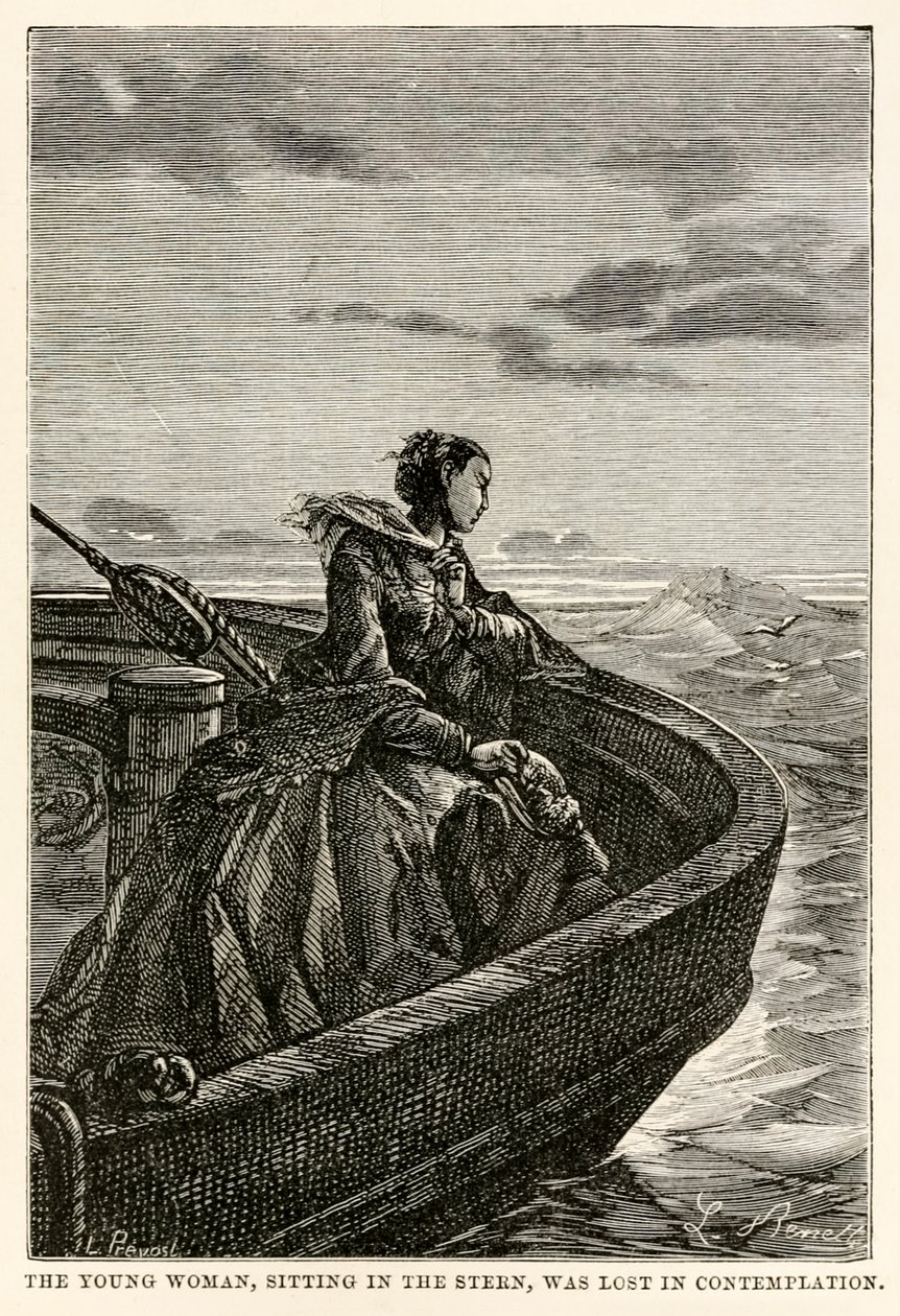 La jeune femme, assise à la poupe, était perdue dans la contemplation, de Le Tour du Monde en Quatre-vingts Jours par Jules Verne (1828-1905), gravé par Jean Louis Prevost, (1790-1850), 1873 - Hippolyte Leon after Benett