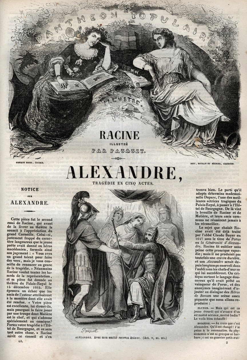 Alexandre le Grand tragédie en cinq actes - gravure dans « Œuvres de Jean Racine » illustrée par Pauquet et notice par Émile de La Bédollière - 1851 - Hippolyte Louis Pauquet