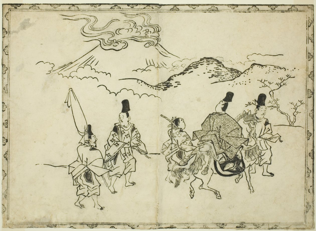 Le voyage oriental de Narihira, extrait du livre illustré "Panorama des peintures sur écrans et rouleaux suspendus (Byobu kakemono ekagami)". - Hishikawa Moronobu