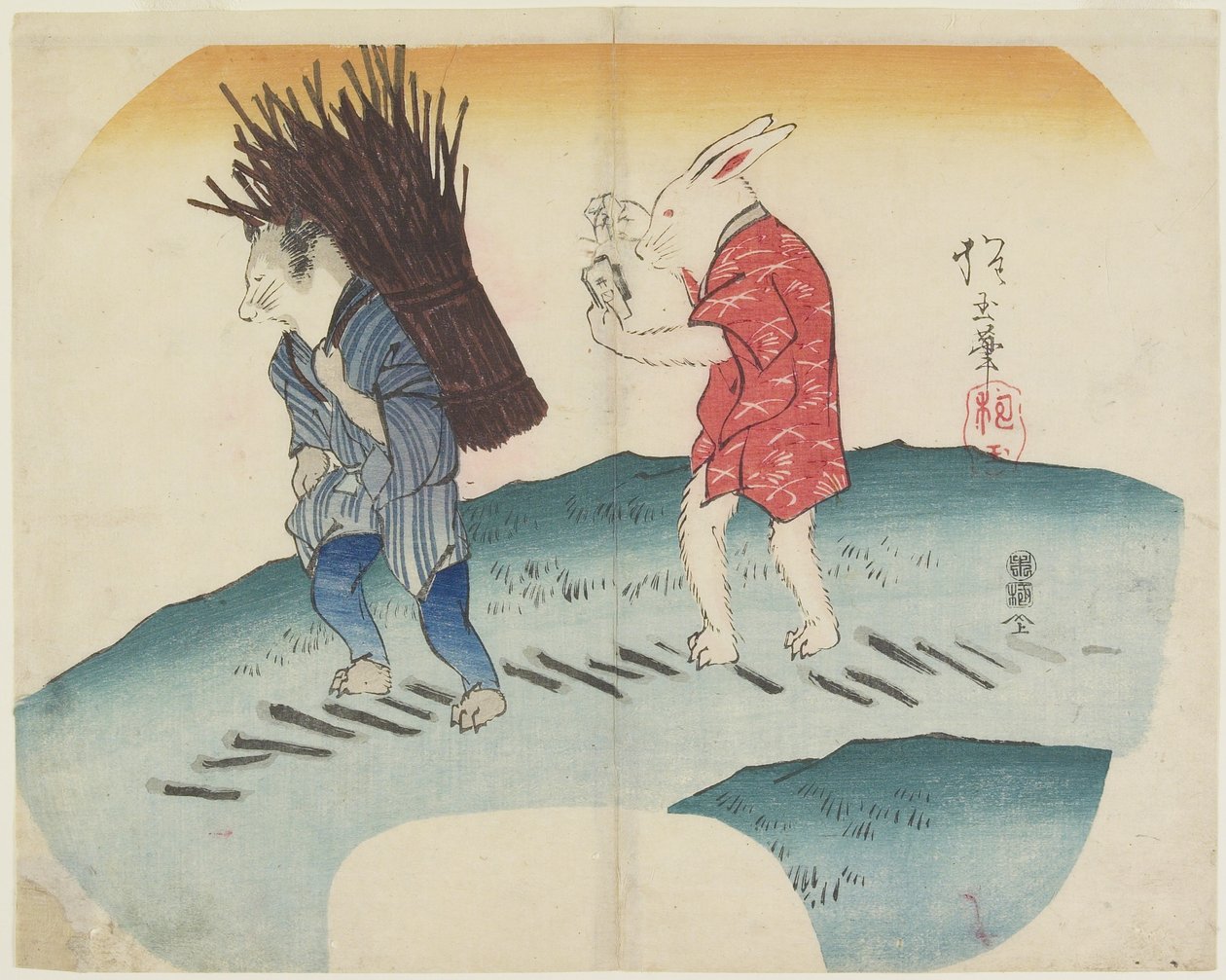 Lapin mettant le feu au bois porté par le raton laveur, 1835 - Hogyoku