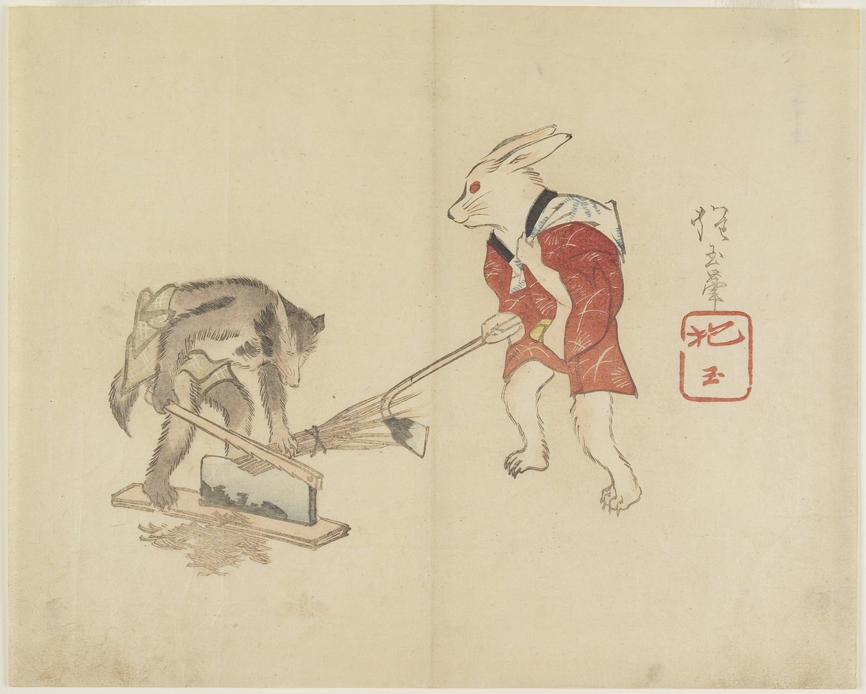 (Lapin et raton laveur coupant de la paille), c. 1830 - Hogyoku