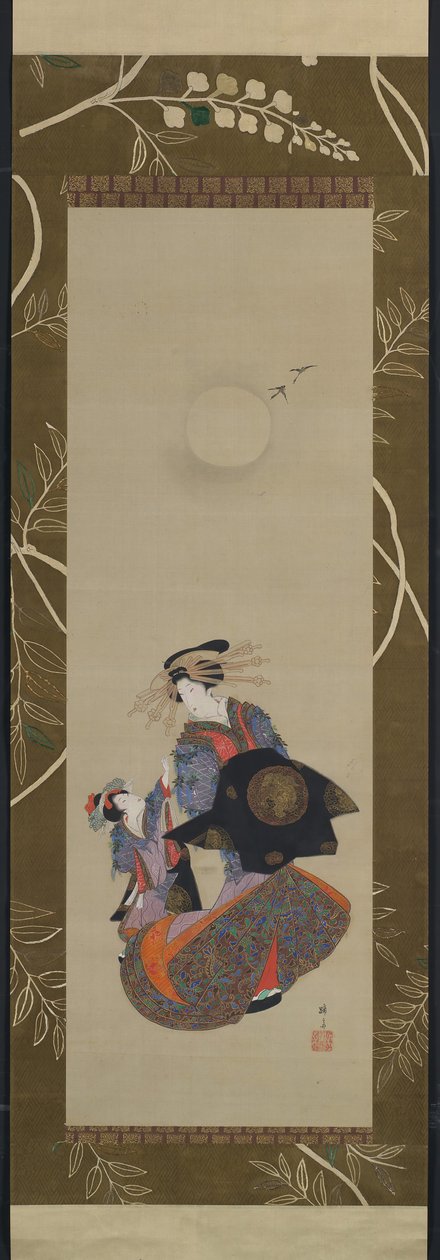 Beauté du Yoshiwara avec apprenti au clair de lune, XIXe siècle - Hokuba