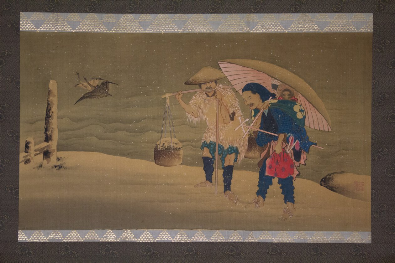 Dresseur de singes et porteur dans la neige, 19e siècle - Hokuga