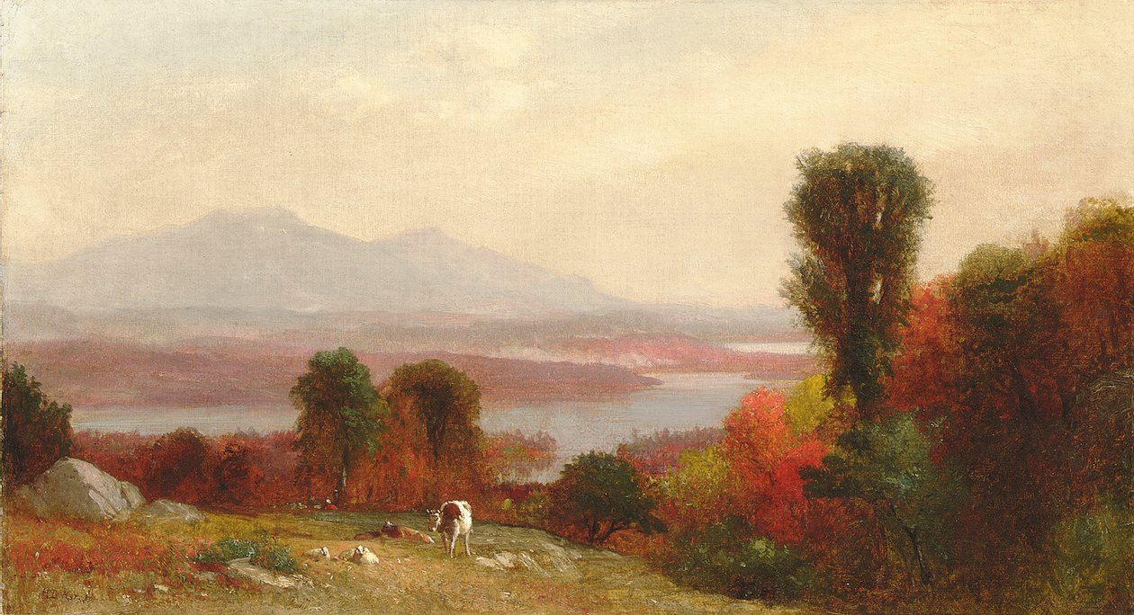 Vaches et moutons paissant dans un paysage fluvial d